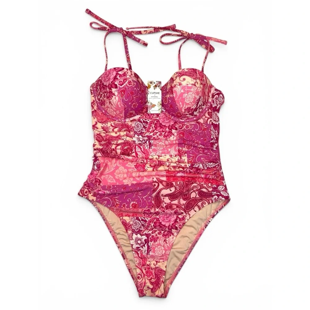 NWT Cupshe x JJD Kittenish One-Piece Swimsuit Women's Pink Floral Size M - Picture 2 of 7